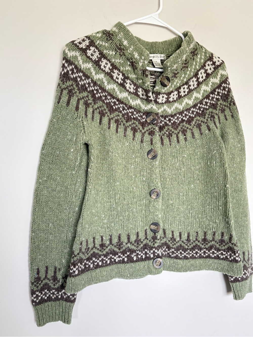 Cambridge Dry Goods Nordic Fair Isle Cardigan Sweater Green Wool Blend Sz M - Picture 2 of 7